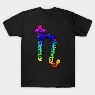 Saturn Planet Symbol in Dark Rainbow Leopard Print T-Shirt